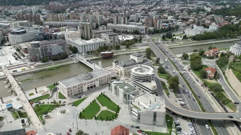 Wide Angle Rotating Drone Shot of the Skopje Cityscape Stock Footage 214313566