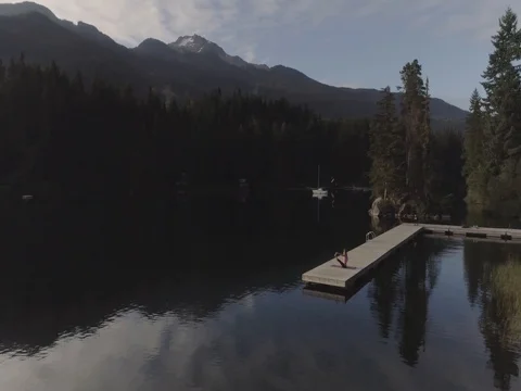 Wide Angle Scenic Mountain and Lake View Of Yoga Model And Photographer Taking P Stock Footage 80097420