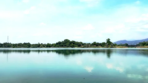 Wide-Angle Scenic View of a Calm Lake Surrounded by Lush Green Forest and Distan Stock Footage 337561254