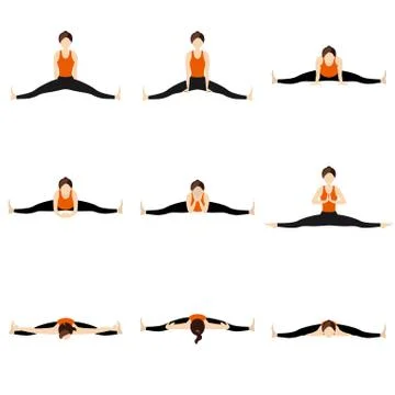 Wide angle seated forward bend yoga asanas set Stock Illustration