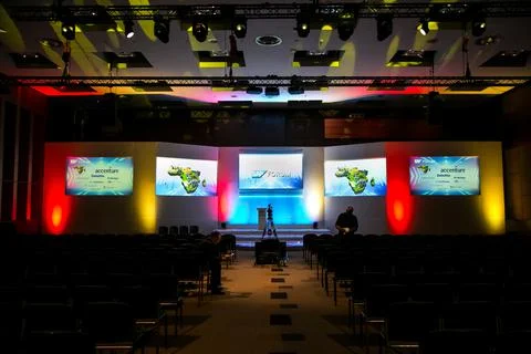 Wide angle shot of a convention hall during a presentation Stock Illustration