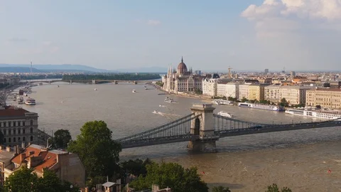 Wide angle shot of danube river in budapest on a springtime afternoon Stock Footage 122356977