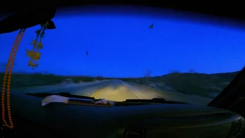 Wide angle shot driving at dusk through Joshua Tree desert Vídeo Stock 250912638