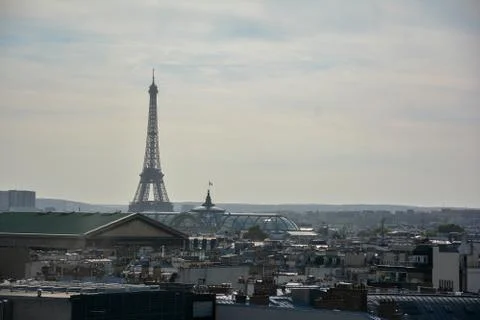 A wide angle shot of the Eiffel Tower surrounded by the buildings in Paris, F 스톡 사진