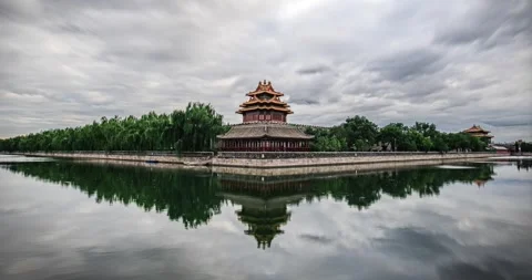 Wide angle shot of the historic Forbidden City corner tower and surrounding moat Stock Footage 342105100