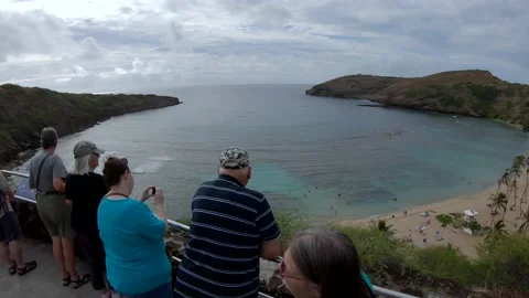 Wide Angle Shot Looking Down On Hanauma Bay Nature Preserve In Honolulu, Hawaii Stock Footage 154302407