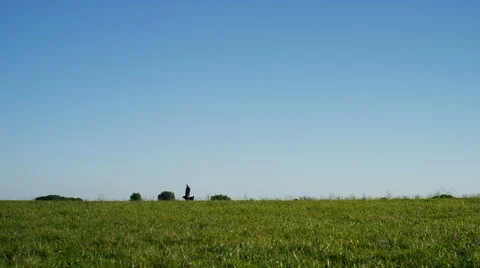 Wide angle shot of a man and his dog walking in the countryside - space for text Vidéo 67847244
