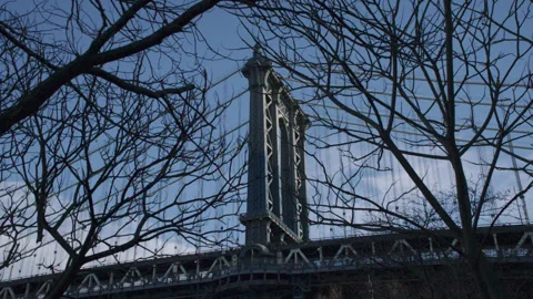 Wide angle shot of the Manhattan Bridge on a winter morning. Vídeo Stock 327803350