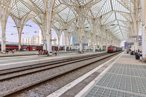 A wide-angle shot of a modern train station "Estacao do Oriente" in Lisbon wi Stock Photos