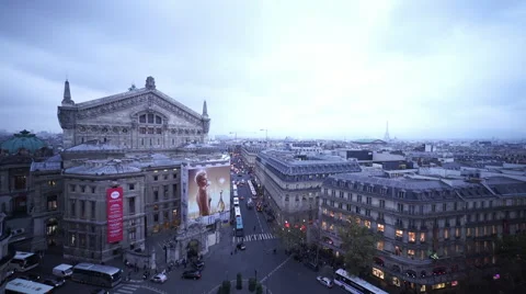 Wide angle shot of the Opera of Paris aerial shot from a rooftop Stock Footage 46470357
