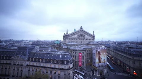 Wide angle shot of the Opera of Paris aerial shot from a rooftop Stock Footage 46470522