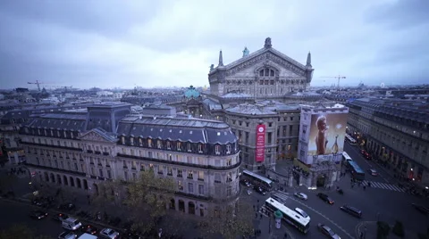 Wide angle shot of the Opera of Paris aerial shot from a rooftop Stock Footage 46471229
