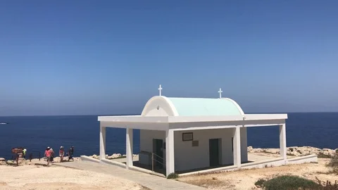 Wide Angle Shot of a Sea Side Chapel Stock Footage 91039877