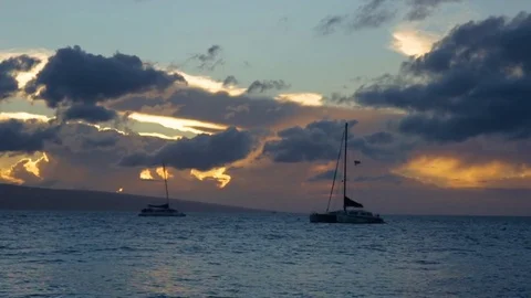 Wide Angle Shot Of Sunset Over Ocean, Boats Float In Distance, Maui, Hawaii Stock Footage 73588656