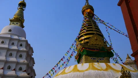 Wide angle shot of UNESCO world heritage site called Swayambhunath Stupa Stock Footage 285821100