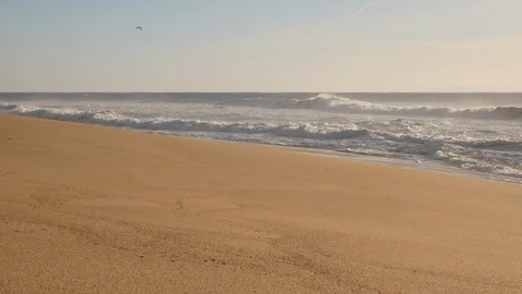 Wide angle shot, waves breaking on an empty, misty, sandy beach in the morning Stock Footage