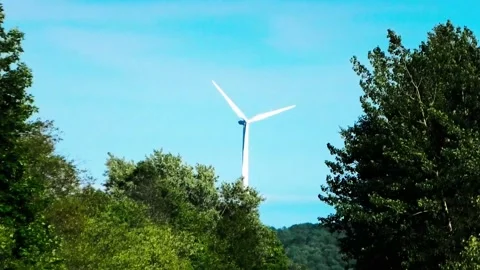 A Wide Angle Shot of a Windmill Against a Blue Sky Vídeo Stock 157545270
