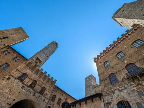 Wide angle sky view at the Piazza del Duomo in San Gimignano Stock Photos