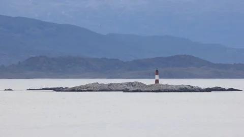Wide Angle Slow Motion of Les Éclaireurs Lighthouse in Beagle Channel Ushuaia Stock Footage 345152063