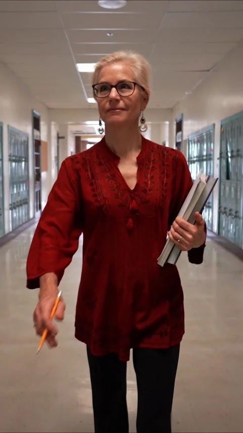 Wide angle slow motion view of happy mature woman teacher walking down and empty Stock-Footage 295073107