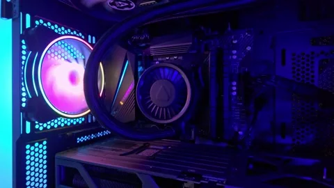 Wide angle slow motion view of gaming computer interior, showcasing rgb lig.. Stock Footage 328572347