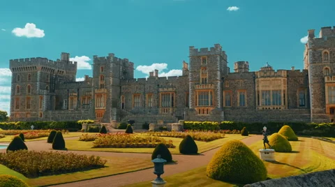 Wide Angle Slow Panoramic View of the Windsor Castle and Gardens in Berkshire Stock Footage 67636571