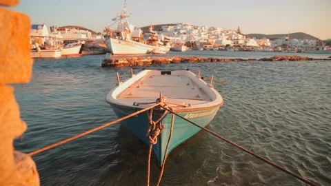 Wide Angle-Small Dinghy in a Harbor in Paros, Greece Vídeos de archivo 107143861