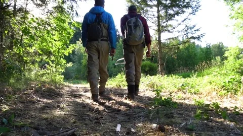 Wide angle staedycam of two fly fishermen walking toward light Stock Footage 71287994