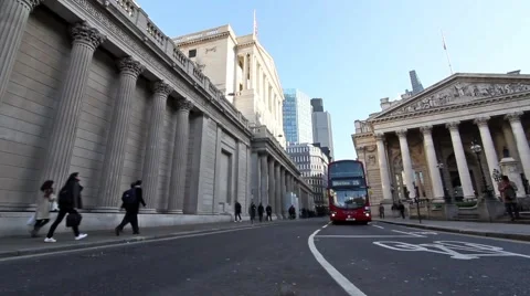 Wide angle Static shot of  Bank of England on left and Royal Exchange London Vídeos de archivo 64348401