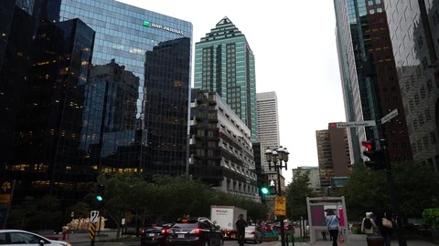 Wide Angle Steadicam Downtown Walking on Avenue McGill College  Stock Footage 81377336