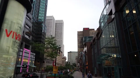 Wide Angle Steadicam Downtown Walking on Avenue McGill College Stock Footage 81377370