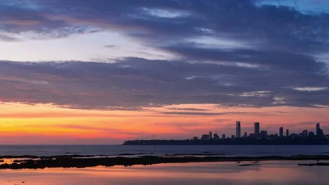 Wide angle Still Sunset Timelapse of Mumbai Skyline from Marine Drive, India Stock Footage 186080282