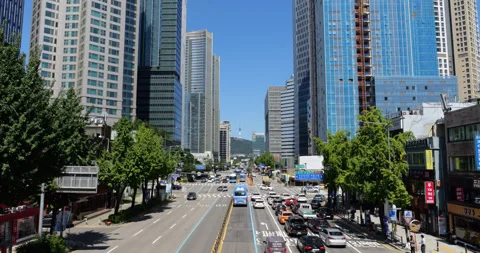 Wide angle straight perspective of Hangang street with Namsan tower at distance Stock Footage 295053506