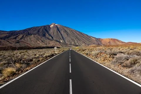 Wide angle straight road to Teide volcanic peak Stock Photos
