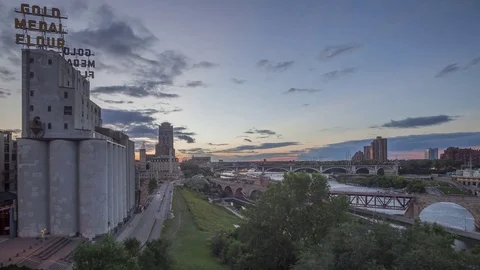 Wide Angle Sunset Shot of the Gold Medal Flour, Mill City, Minneapolis Video stock 81143397