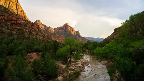 Wide Angle Sunset Time Lapse from Junction Bridge In Zion Stock Footage 95757400