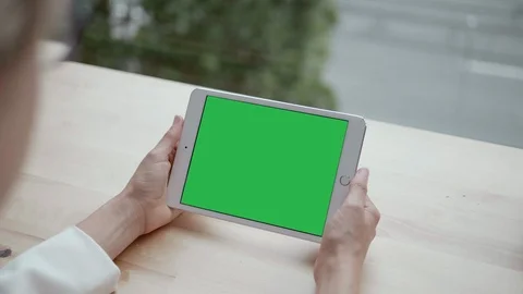 Wide Angle Tablet Green Screen, Woman Holding Flat Screen Device Background Video stock 94431493