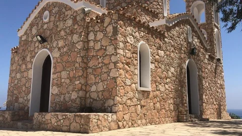Wide Angle Tilt Shot of Old Stone Build Church. Prophet Elias Chapel, Cyprus Video stock 92999341