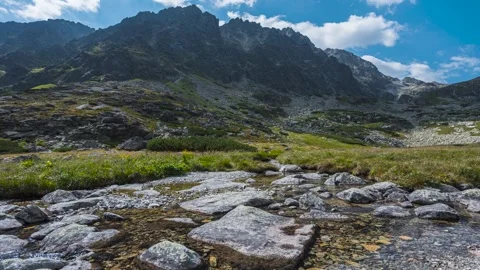 Wide-Angle Time-Lapse of Gerlach Peak on a Sunny Summer Day Stock Footage 327456922