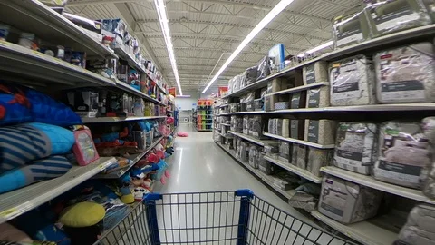 Wide Angle Timelapse Shopping Cart in Supermarket Stock Footage 88256151