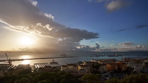 Wide Angle Timelapse of the Sunset over the quiet Port of Gibraltar Stock Footage 77405896
