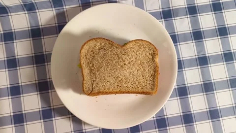 Wide angle top down view of sandwich on a plate placed on a picnic plaid tablecl Stockbeeldmateriaal 318257945