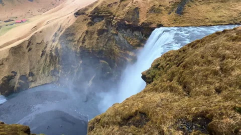 Wide Angle Top View of Skogafoss Waterfall and Plunge Pool, Iceland. Stock Footage 327673249
