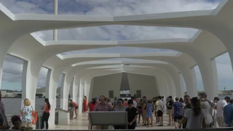 Wide Angle Of Tourists Inside USS Arizona Memorial, Pearl Harbor, Hawaii Stock Footage 154496134