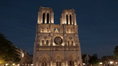 Wide Angle Track Right Centered Facade Notre Dame Cathedral Night Lights Paris Stock Footage 93436406