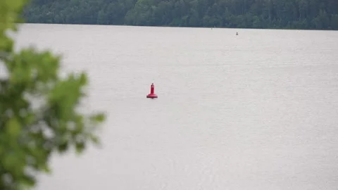 Wide Angle Tranquil River Scene with Red Buoy and Lush Forest Background Stock Footage 341428044