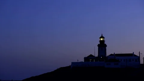Wide angle video of Cabo da Roca Lighthouse over the cliffs at dusk, Portugal Stock Footage 109545277