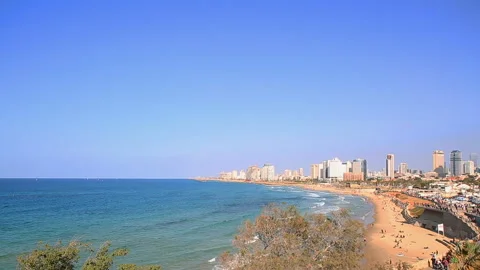 Wide angle video panorama of Tel Aviv from Jaffa Stock Footage 92346885