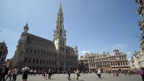 Wide angle video with tourists visiting the Grand Place, view to the famous Stock Footage 102158111