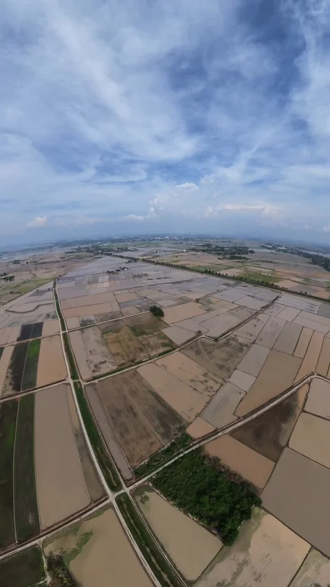 Wide-angle view from above. Fields stretch endlessly under blue skies. Stock Footage 345408710
